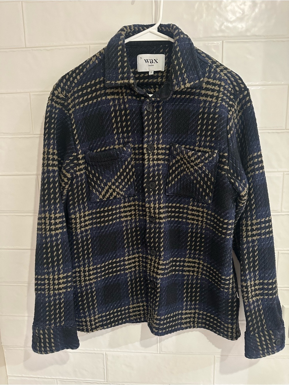 Wax London Whiting Overshirt Men’s Sz Medium Shacket Black Blue Plaid Beatnik